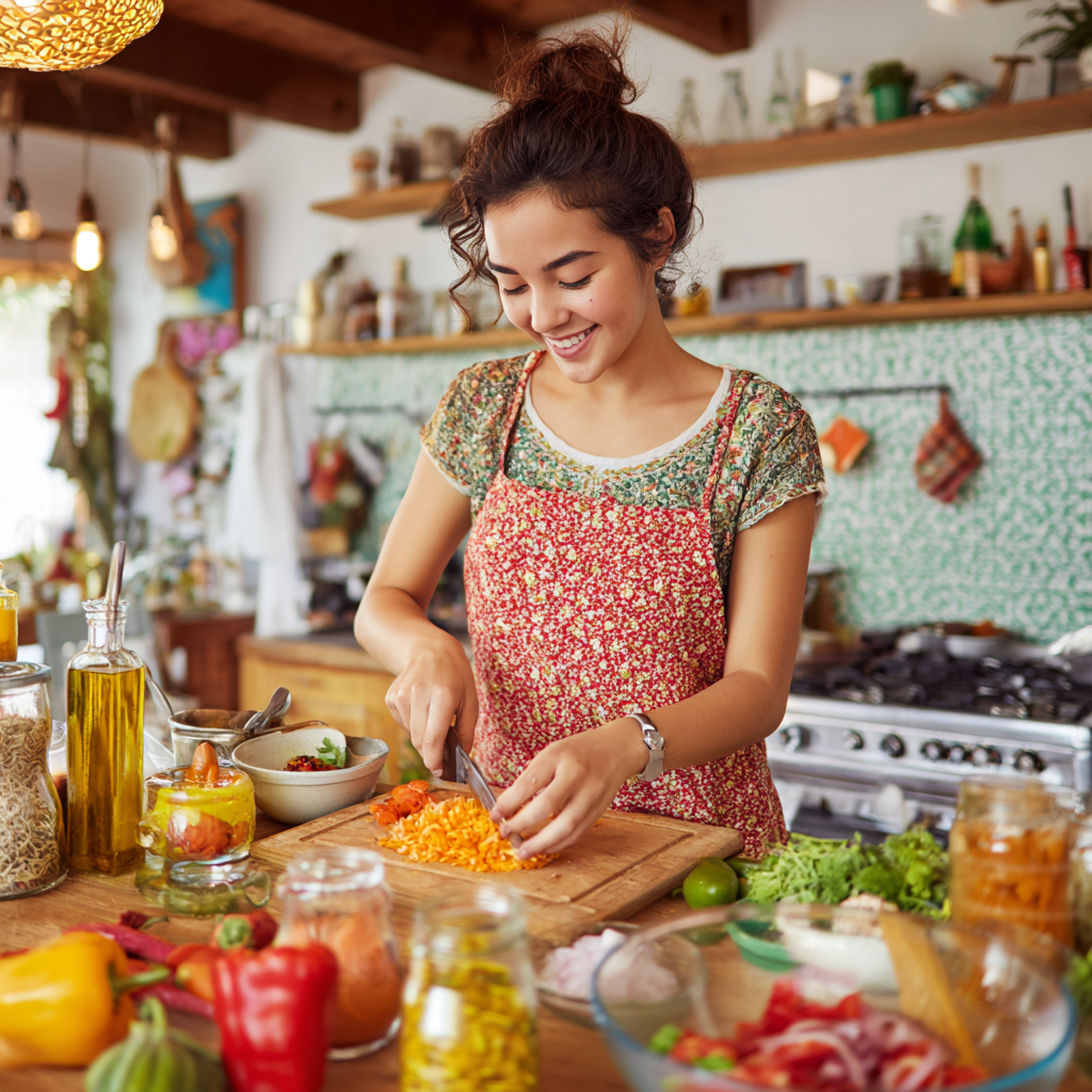 Adulto mexicano sonriente preparando ingredientes coloridos frescos en una cocina moderna