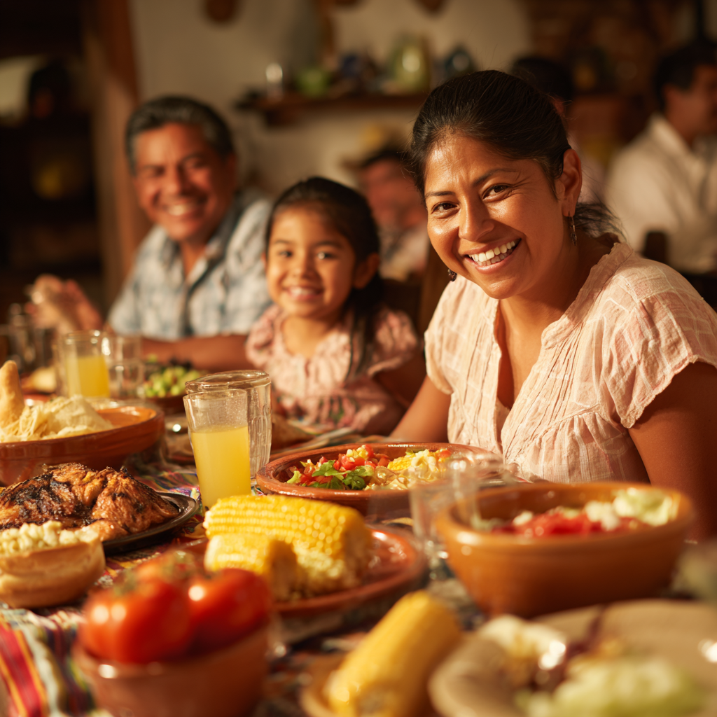 Mujer mexicana de mediana edad sonriendo mientras sostiene verduras frescas en un mercado local